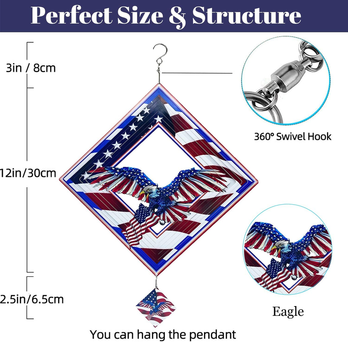 Eagle Wind Spinners for Yard and Garden,Wind Spinner Hanging,3D Metal Wind Catchers,12in American Flag Kinetic Spinner,Fourth of July Independence Day Party Decorations for Indoor Outdoor(Rhombus)