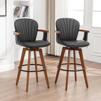 LUNLING 30” Bar Height Stools,Mid Century Modern Bar Stools,Black PU Leather Kitchen Island Stool,Wood High Barstools Swivel with Back and Arms for Home Bar Furniture,1PCS