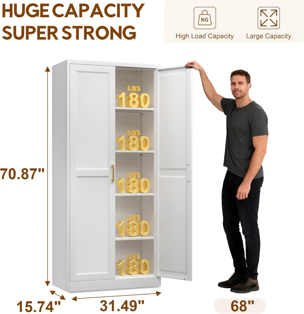 UNICOLY 71" Kitchen Pantry Cabinet, Pantry Storage Cabinet with Doors and 4 Shelves, Metal Storage Cabinets for Kitchens, Living Room, Dinning Room, Assembly Required, White