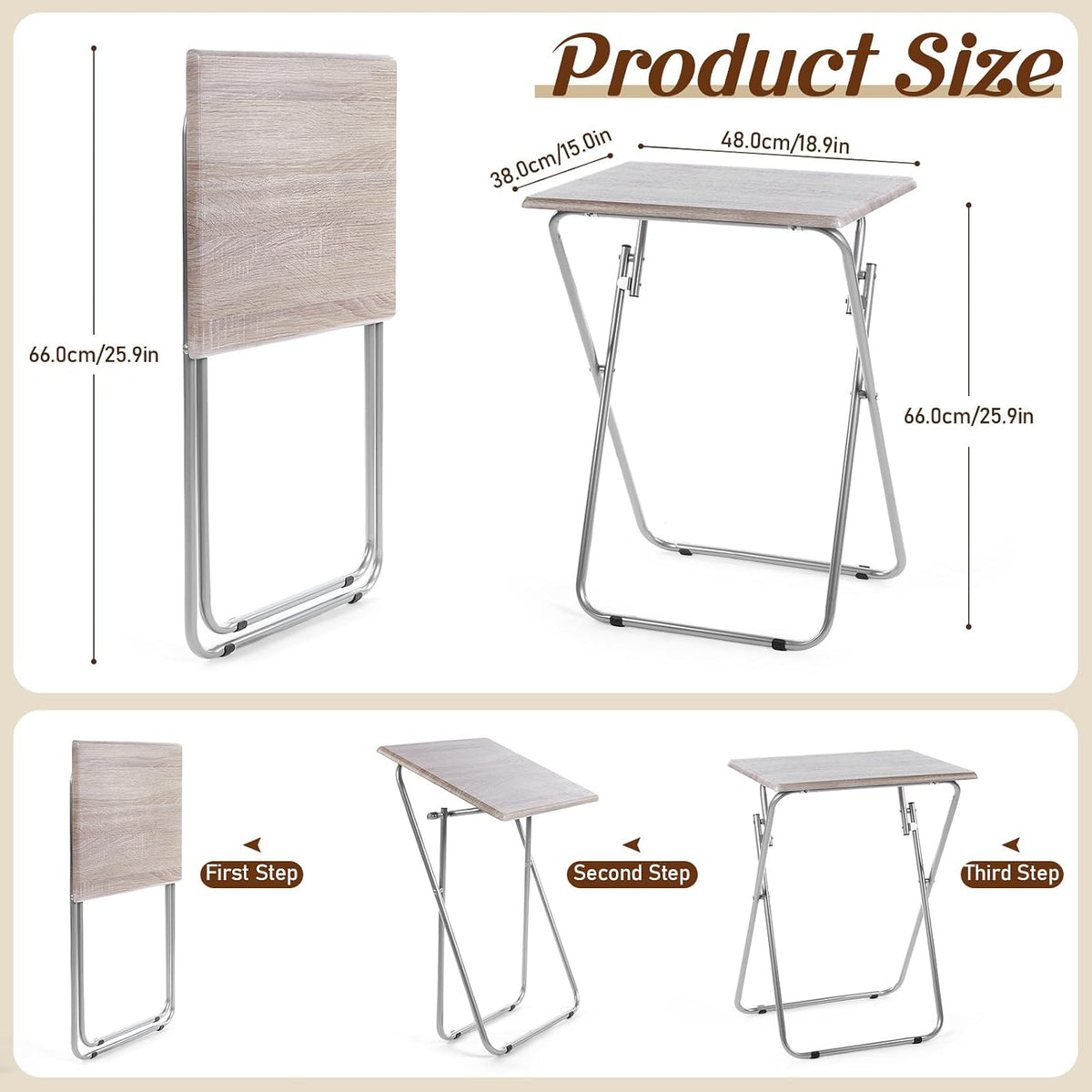 Geetery 2 Pack Folding TV Tray Tables No Assembly Required 18.9 x 15 x 26 in Dinner Table Foldable Snack End Table for Bed Couch Eating Living Room Bedroom (Light Brown)