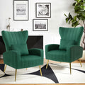 Modern Accent Chairs Set of 2, Wingback Chair with Arm & Gold Legs, Living Room Bedroom Side Chair with Lumbar Pillow, Velvet Upholstered, Channel Tufted, Green