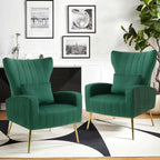 Modern Accent Chairs Set of 2, Wingback Chair with Arm & Gold Legs, Living Room Bedroom Side Chair with Lumbar Pillow, Velvet Upholstered, Channel Tufted, Green