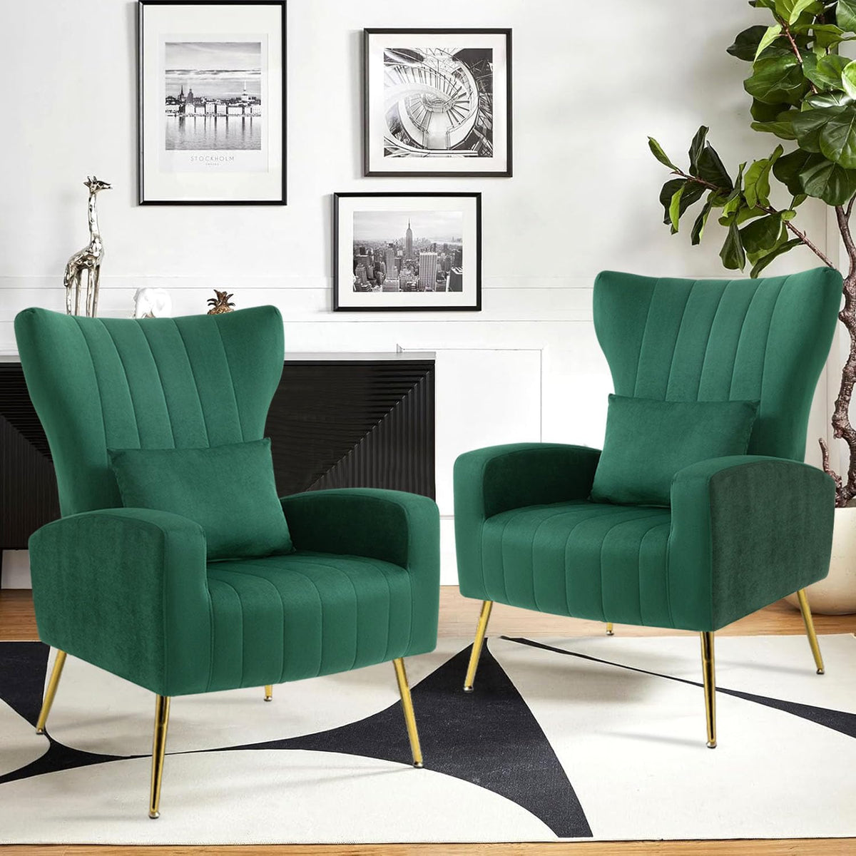 Modern Accent Chairs Set of 2, Wingback Chair with Arm & Gold Legs, Living Room Bedroom Side Chair with Lumbar Pillow, Velvet Upholstered, Channel Tufted, Green
