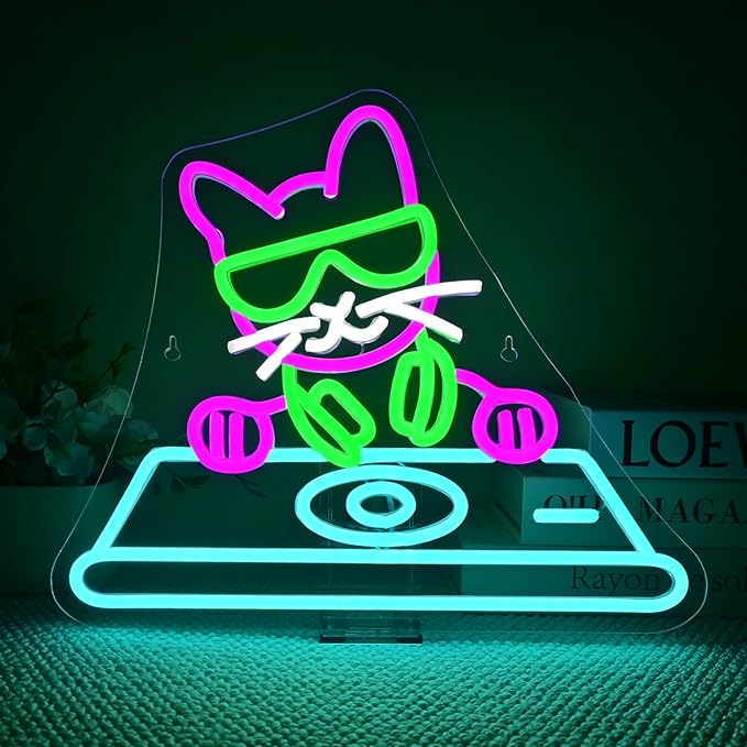 Cool DJ Cat Neon Sign – LED Wall Light for Bedroom, Game Room, Music Studio, or Bar, USB Powered, Dimmable, 14.9"x12.6"