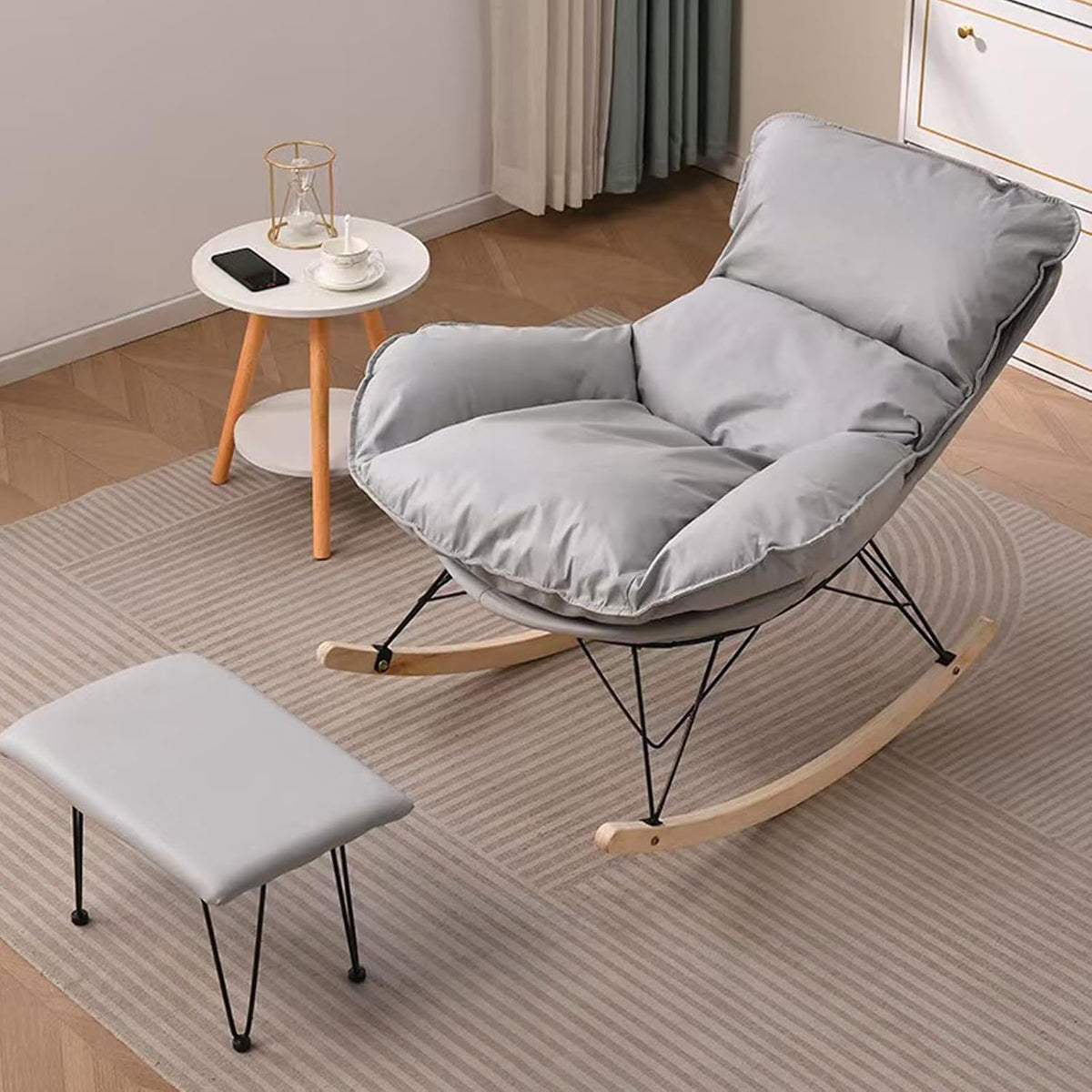 Single Rocking Chair with footrest, Made of Easy-Care Technical Fabric, ergonomically Designed for Balcony, Living Room, Bedroom, and Study Blue