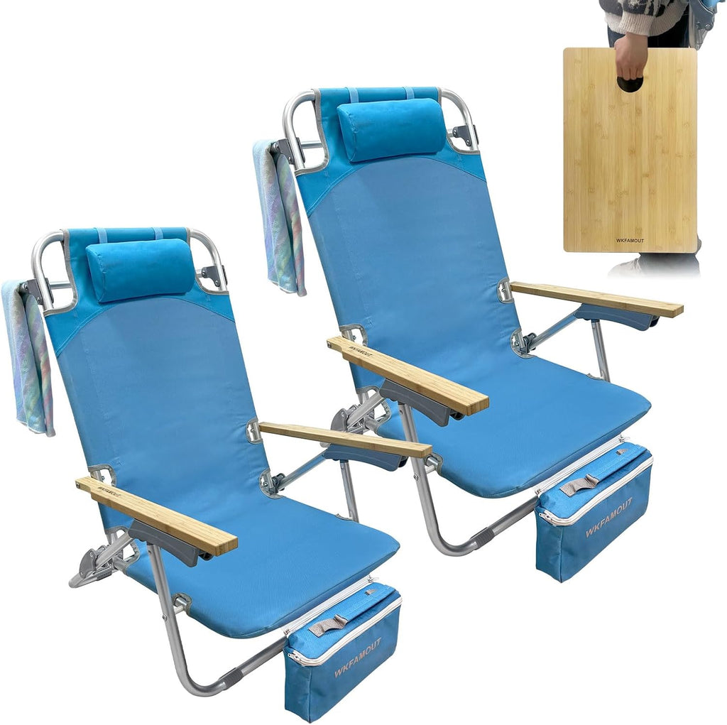 2 Pack Low Backpack Beach Chair with Folding Bamboo Table for Adults, 5-Position Lay Flat Reclining Chair Lightweight with Cooler Bag Supports 265 lbs