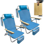 2 Pack Low Backpack Beach Chair with Folding Bamboo Table for Adults, 5-Position Lay Flat Reclining Chair Lightweight with Cooler Bag Supports 265 lbs