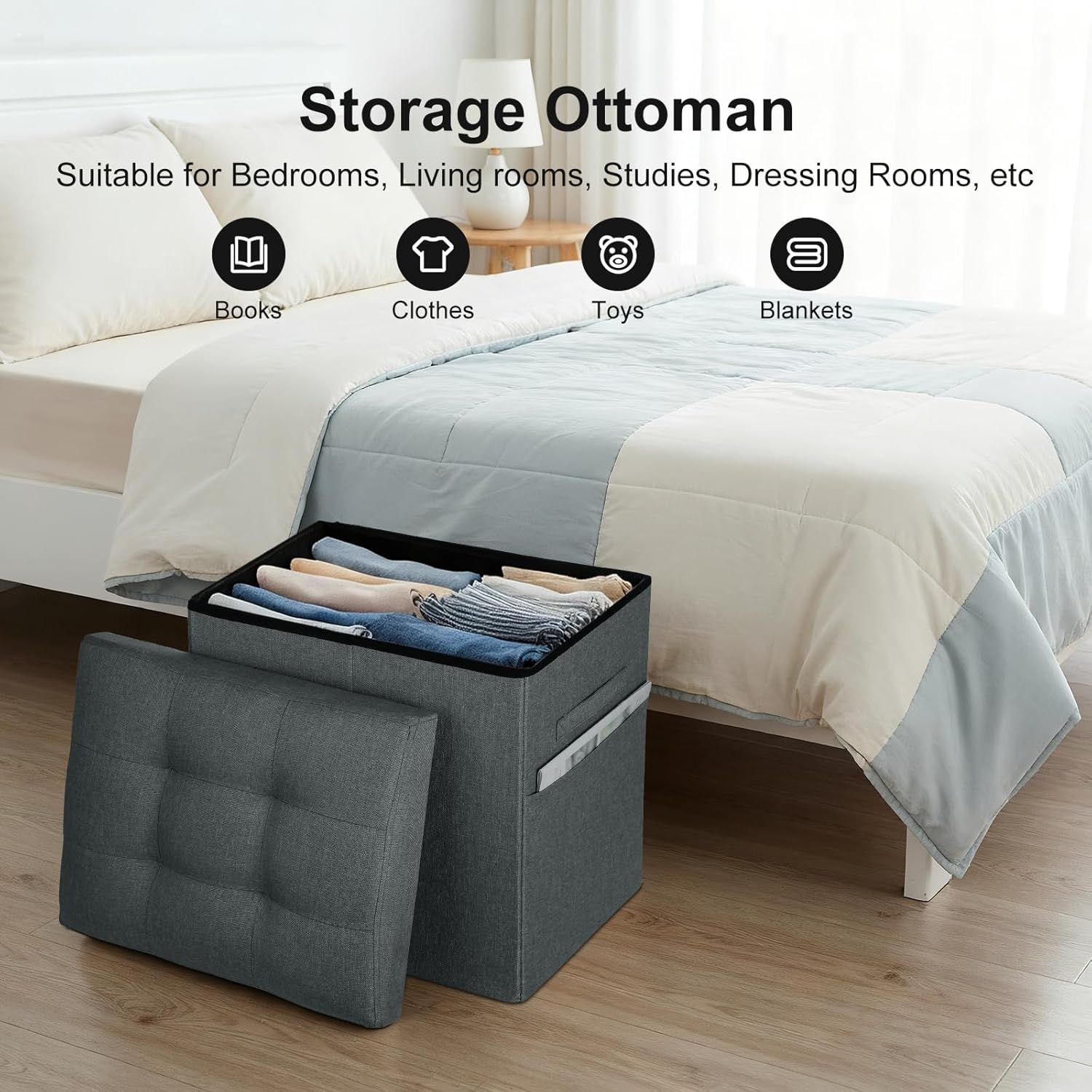 Small Ottoman with Storage, 61L Slim Tall Foldable Ottoman Foot Rest Stool with Thicker Foam Padded Seat. Linen Storage Bench for Bedroom Living Room, 300lbs Weight Support, 17x13x13IN, Gray Black