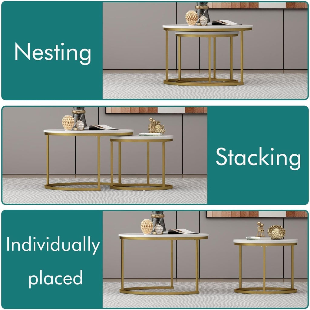 Nesting Coffee Table Set of 2, Round Tables with Marble Pattern MDF Top | Space-saving nested design, 120 LBS load capacity, luxury marble-look finish, gold metallic base, quick 10-min assembly