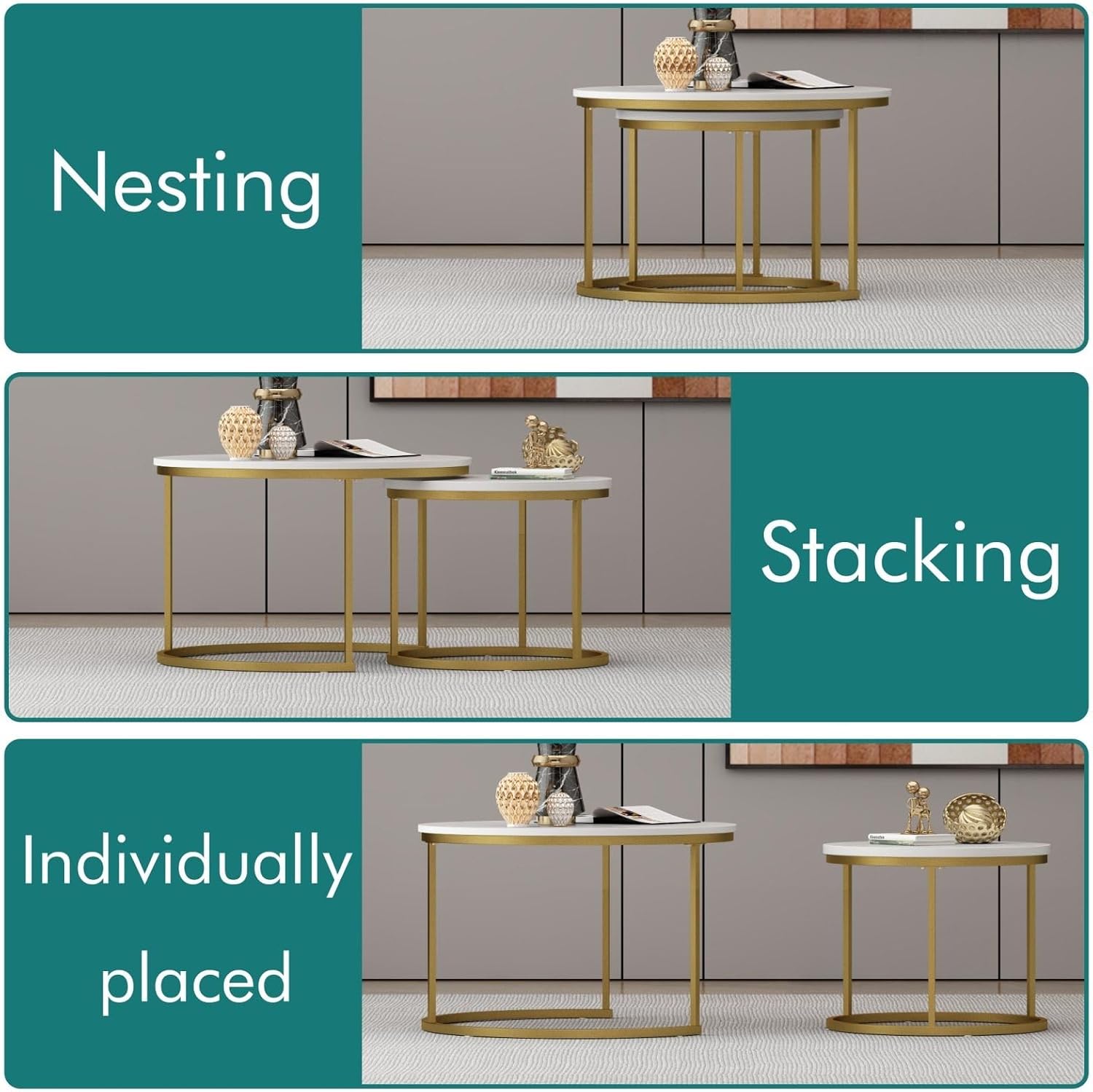 Nesting Coffee Table Set of 2, Round Tables with Marble Pattern MDF Top | Space-saving nested design, 120 LBS load capacity, luxury marble-look finish, gold metallic base, quick 10-min assembly