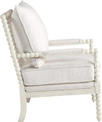 OSP Home Furnishings Kaylee Spindle Accent Chair with Antique White Wood Frame, White Linen Fabric
