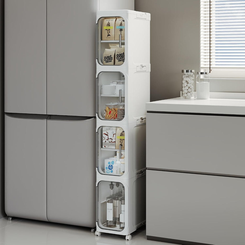 Narrow Slim Bathroom Storage Cabinet with Wheels, 4-Tier White | Tool Free Assembly, Adjustable Shelves, Fits for Narrow Spaces, Reinforced Stability, Magnetic Clear Door