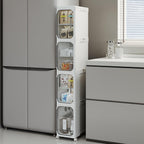 Narrow Slim Bathroom Storage Cabinet with Wheels, 4-Tier White | Tool Free Assembly, Adjustable Shelves, Fits for Narrow Spaces, Reinforced Stability, Magnetic Clear Door