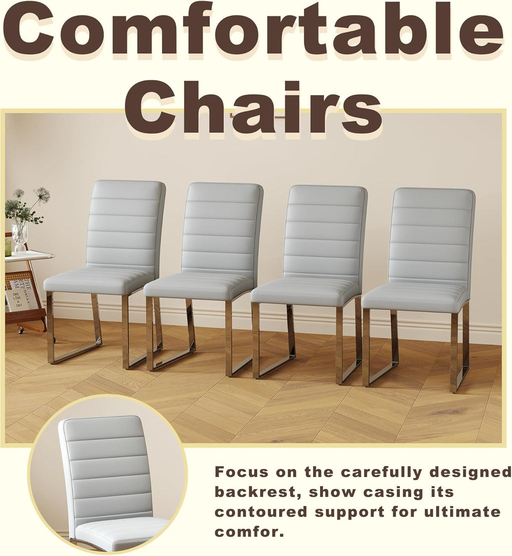 Modern Dining Chairs Set of 4, Grey Faux Leather Kitchen Chairs, Upholstered Armless Dining Room Chair with Silver Mental Legs Heavy Duty, Comfortable (Grey Chiars, Set of 4)