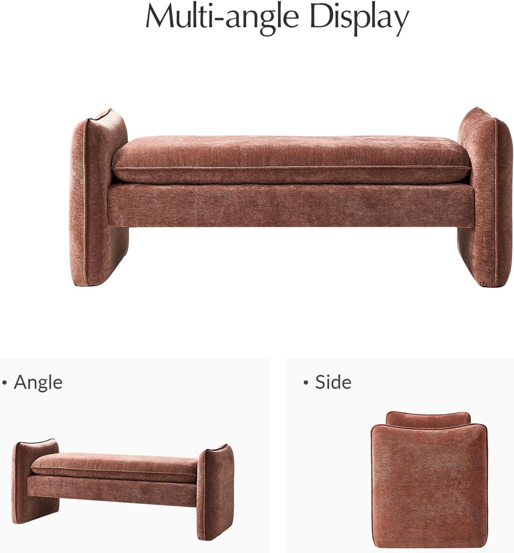 HULALA HOME 57.5" Modern Chenille Upholstered Bench, End of Bed Bench with Thick Padded Seat, Plush Cushion Bedroom Bench for Bedroom, Living Room, Rust