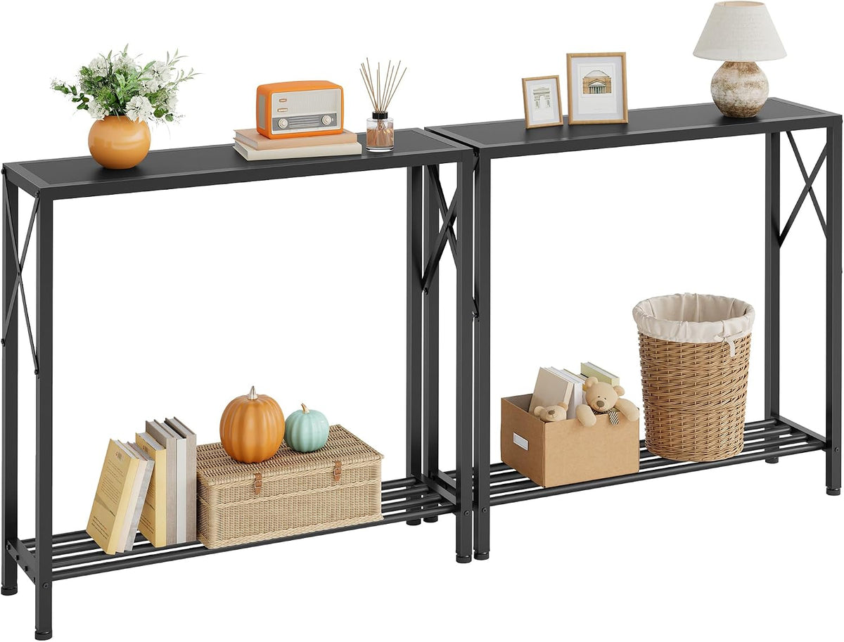 Tajsoon 2 Pack Console Table, 2 Tier Small Hallway Table, Narrow Sofa Table for Entryway with Open Shelves for Living Room, Hallway, Foyer, Office, Black