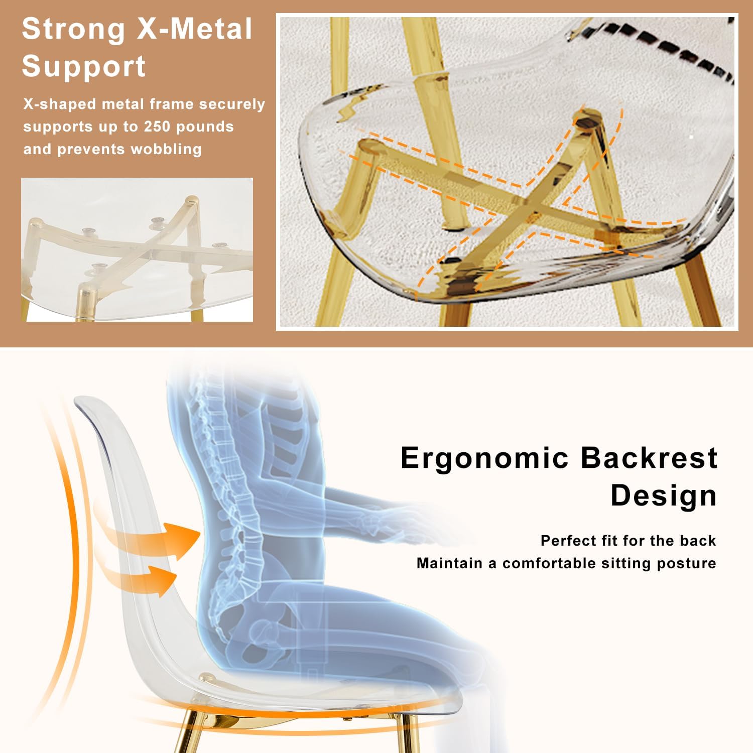 Ebullient Glass Dining Table Set for 6, 51" Clear Tempered Glass Table with Gold Chrome Metal Legs and 6 Transparent Acrylic Chairs, Compact Modern Kitchen Table Set for Small Space Dining Room