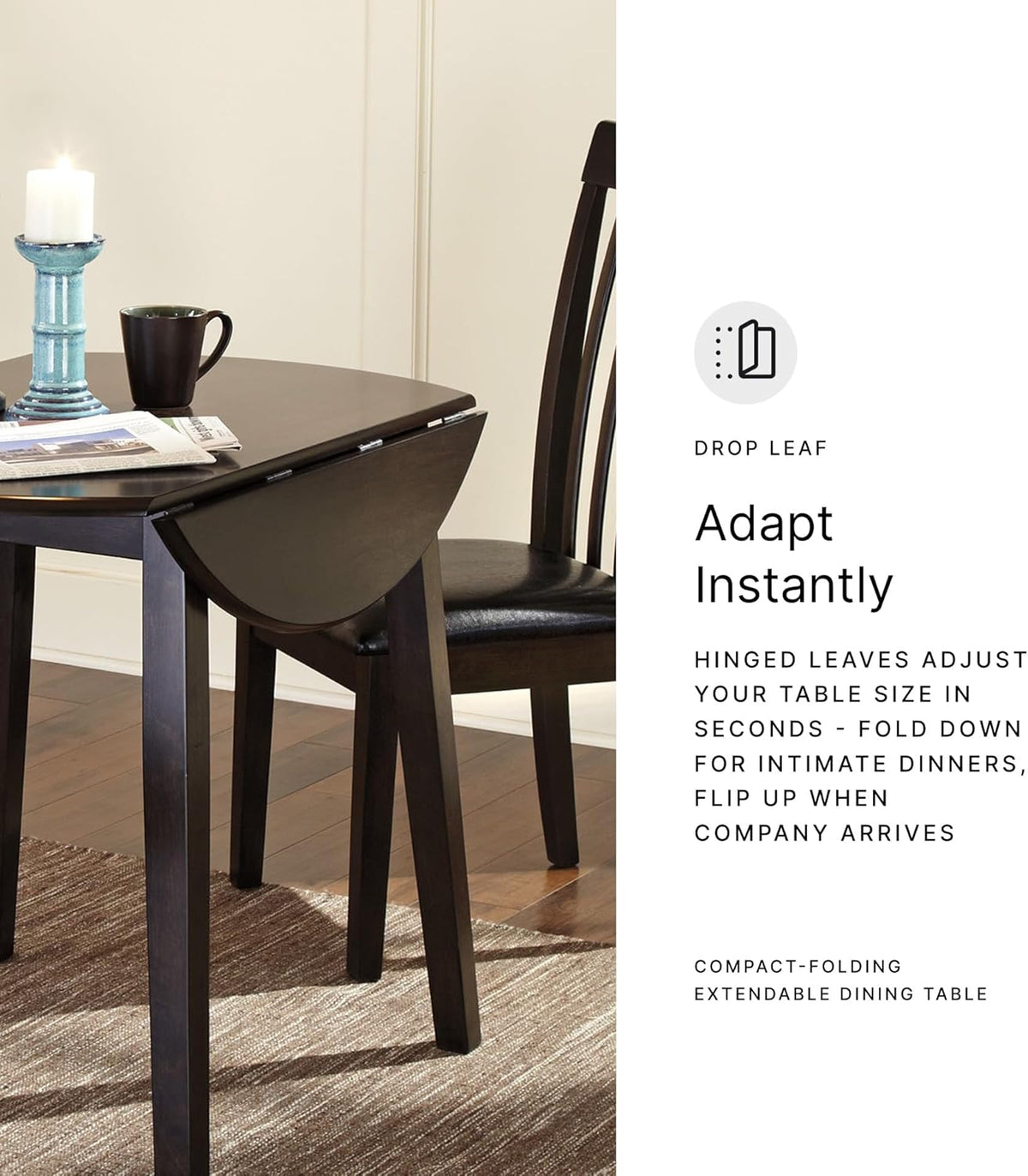 Signature Design by Ashley Hammis Round Dining Room Drop Leaf Table, Seats up to 4, Hinged Drop Leaves, Wood, 36.38" W x 36.38" D x 29.88" H, Dark Brown
