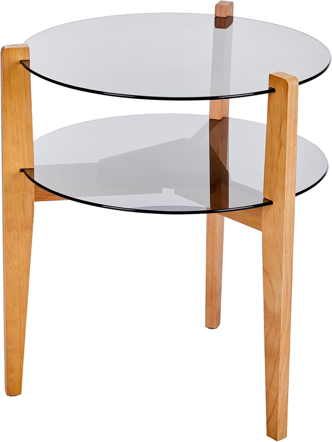 Round End Table, 2-Tier Tempered Glass Table Top Wooden Legs, Modern Side Tables Living Room 24” with Storage Shelf - Entryway Table, Bedroom Side Table, Nature