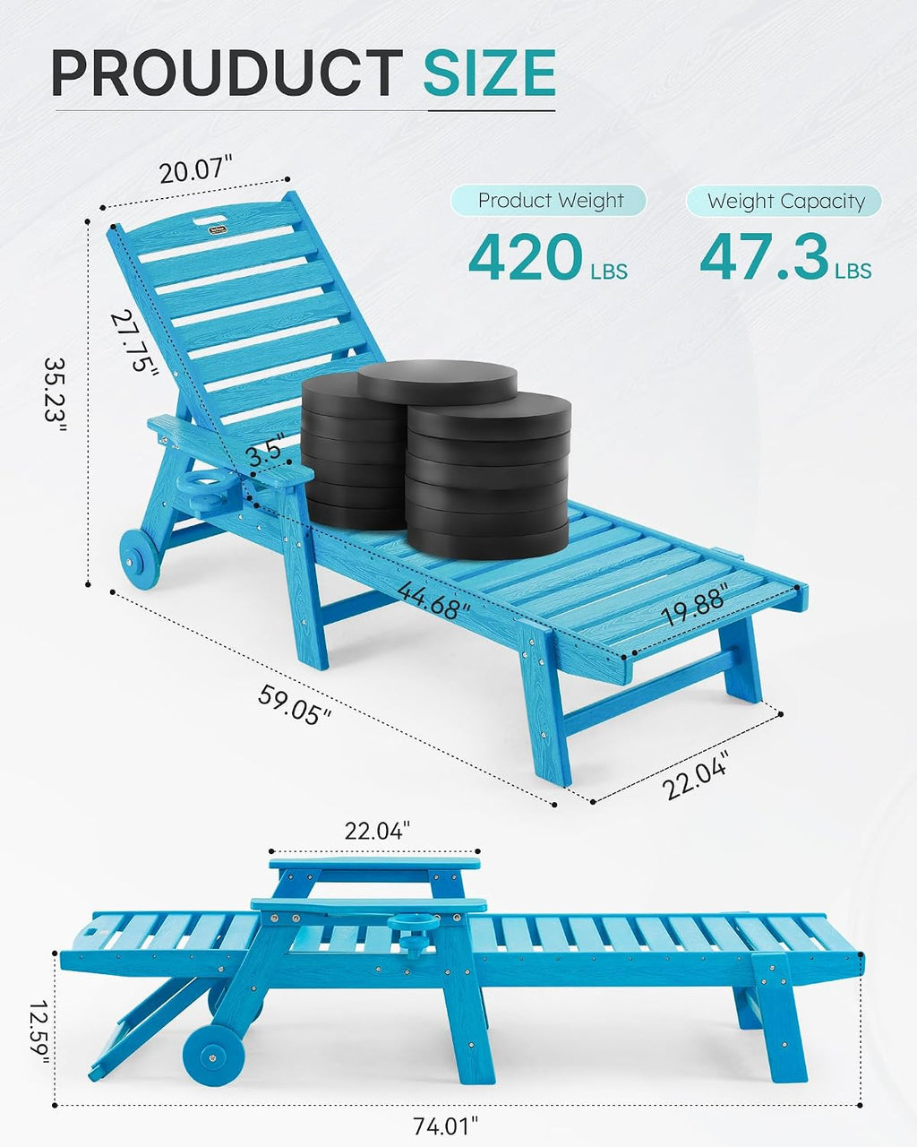 Patio Chaise Lounge Chair Outdoor with Wheels, Oversize Patio Lounge Chairs with Wood Texture, HDPE 6-Position Plastic Lounge Chairs for Poolside, Patio, Deck, Beach，Blue