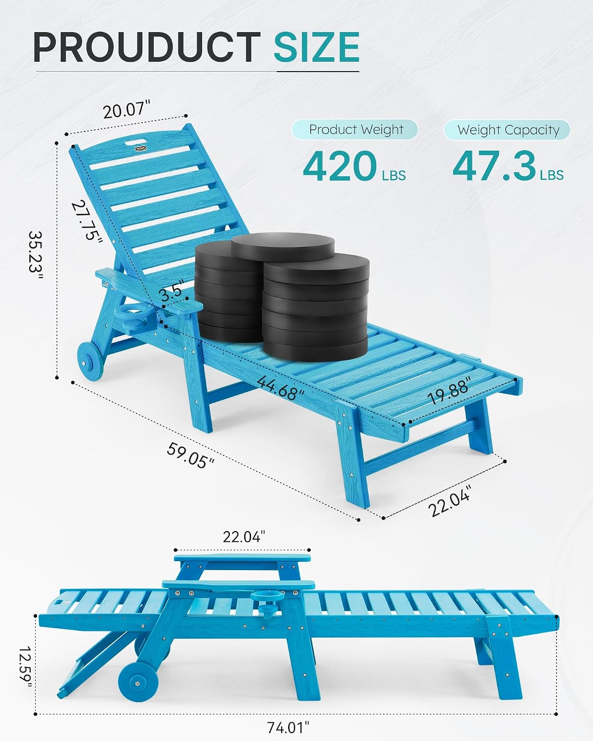 Patio Chaise Lounge Chair Outdoor with Wheels, Oversize Patio Lounge Chairs with Wood Texture, HDPE 6-Position Plastic Lounge Chairs for Poolside, Patio, Deck, Beach，Blue