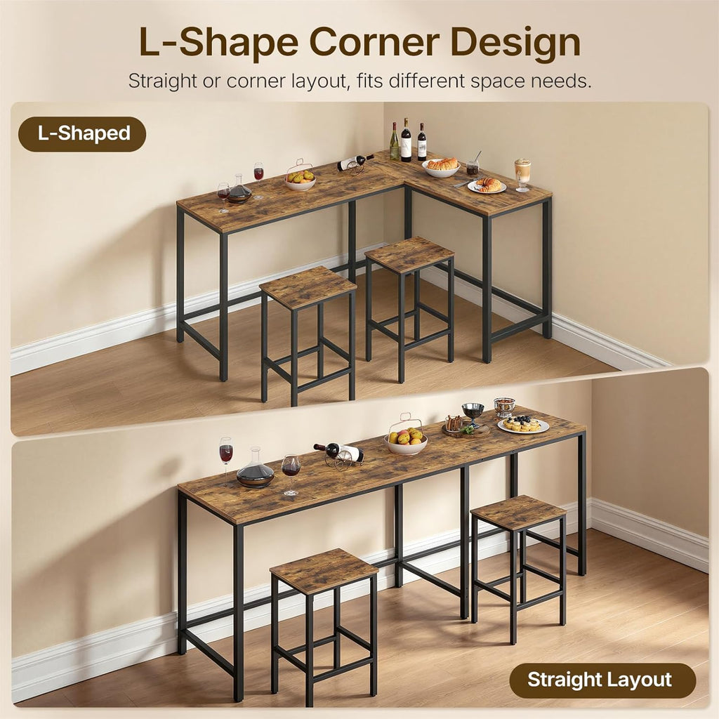 YATINEY L-Shaped Bar Table Chairs Set, 78.7" Bar Height Table and 2 Chairs, Convertible Bar Table with Stools for Kitchen, Corner, Apartment, Easy to Assemble, Rustic Brown and Black BT14BR
