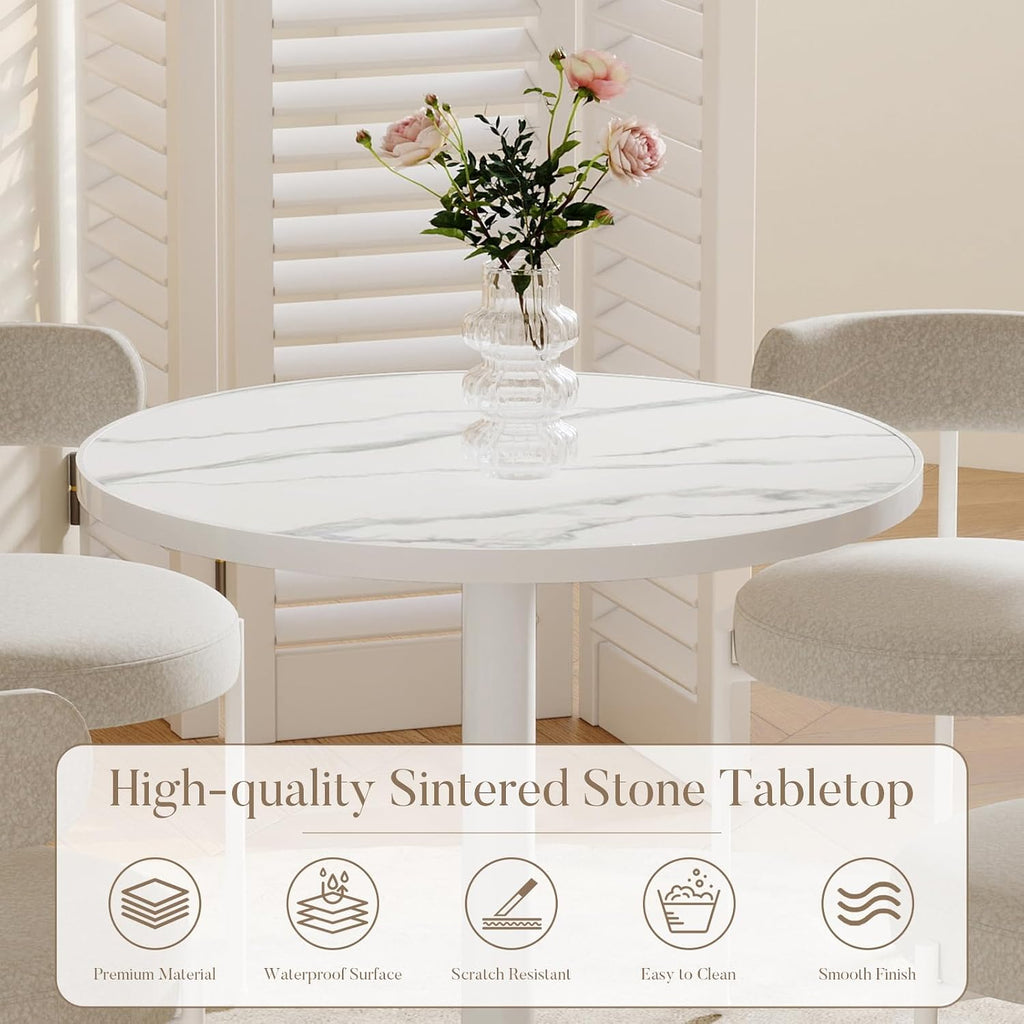31.5'' Tulip Table, Round Pedestal Dining Table with Sintered Stone Tabletop, White Aluminum Alloy Edge & Base, Bistro Table for 2-4 Person for Kitchen/Cafe/Small Spaces/Restaurant (Snow Peak Marble)