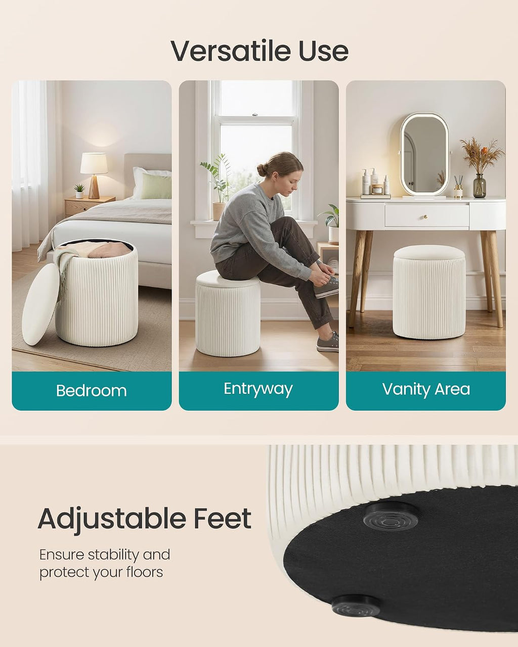 SONGMICS Vanity Stool, Set of 2, Round Storage Ottoman, Velvet | Small Coffee Table, Removable Lid, Easy Assembly, for Living Room, Bedroom, Cream White, ISLAND Collection ULOM017WD01