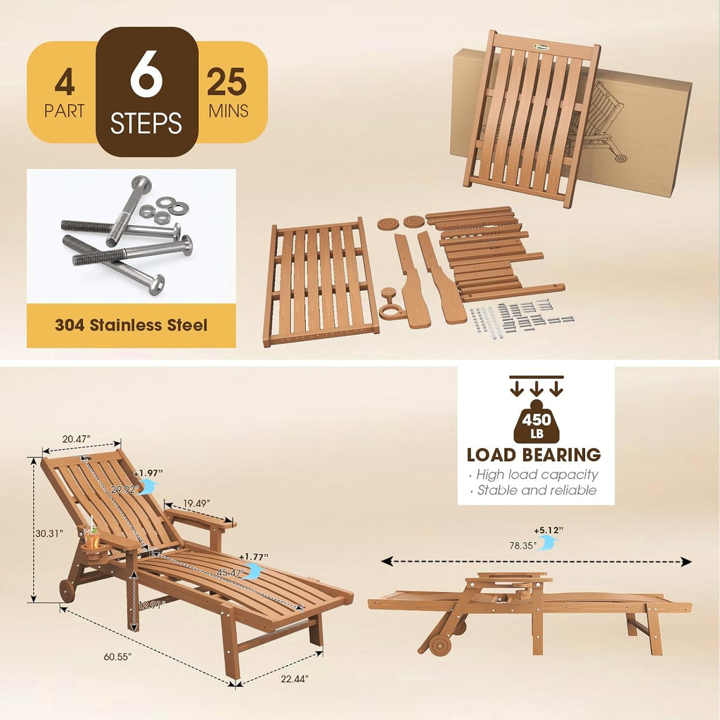 Outdoor Chaise Lounge Chair Set of 2,HDPE lounge chair outdoor with Wheels | Oversized pool lounge chairs with cup holder, 5 adjustable position for patio,outside,pool,deck