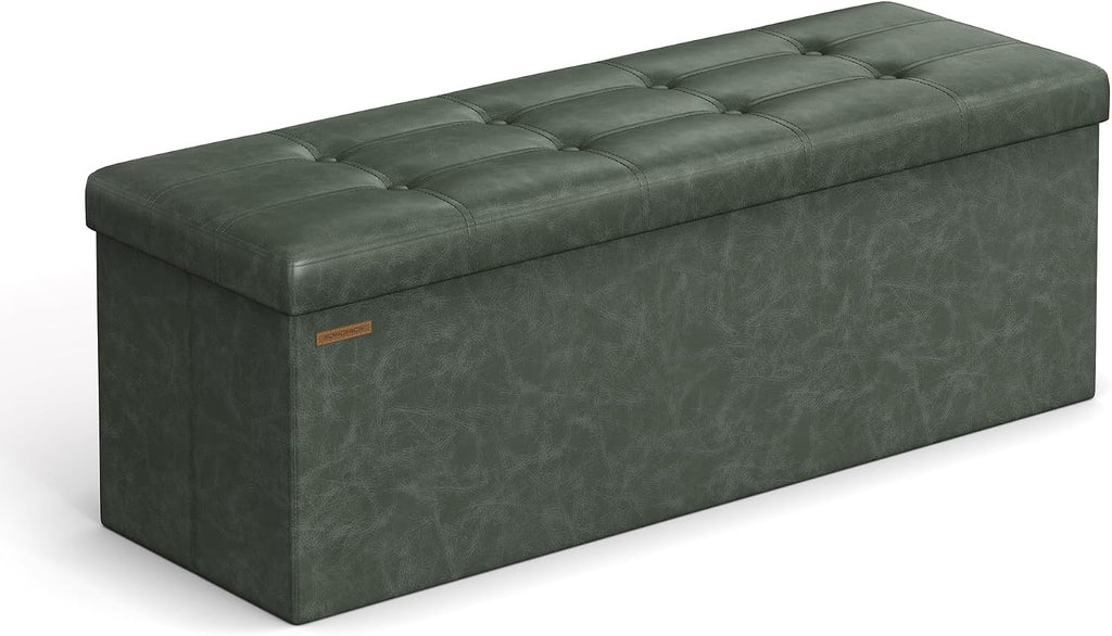 SONGMICS Storage Ottoman Bench, 43.3 Inches Folding Foot Rest Stool | PU Leather, Easy Assembly, for Living Room, Bedroom, Entryway, Forest Green, MINOTA Collection ULSF070C01