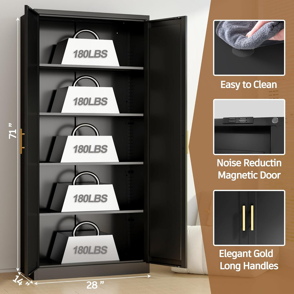 71” Tall Kitchen Pantry Cabinet, Metal Storage Cabinet with 2 Doors and 4 Adjustable Shelves for Kitchen, Living Room, Laundry Room