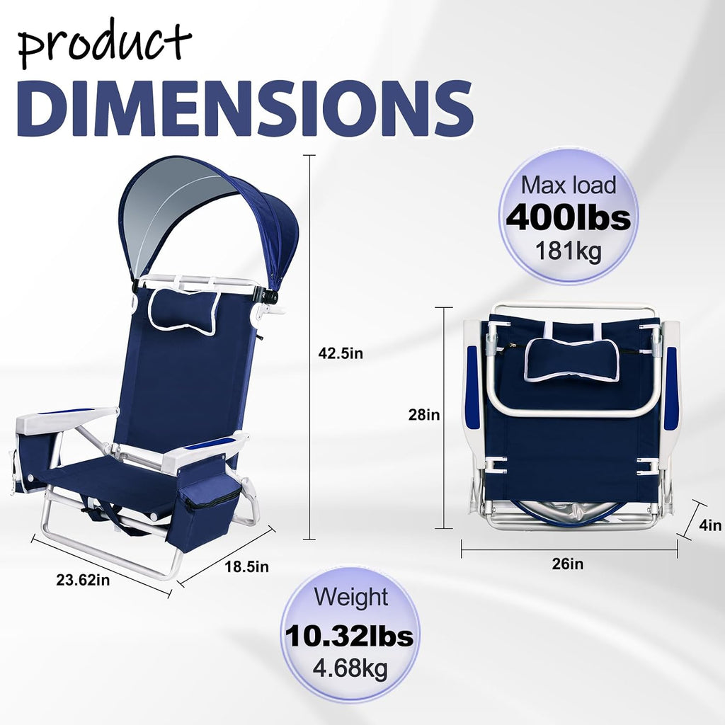 Beach Chair with Umbrella and Canopy Shade, Aluminum Backpack Beach Chairs for Adults, Adjustable Sun Shade, 5 Position Lay Flat, Cooler Bag, Cup Holder, Towel Bar, Navy Blue