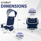 Beach Chair with Umbrella and Canopy Shade, Aluminum Backpack Beach Chairs for Adults, Adjustable Sun Shade, 5 Position Lay Flat, Cooler Bag, Cup Holder, Towel Bar, Navy Blue