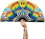 13" Large Rave Fan Bamboo, Folding Clack Hand Fans Foldable for Men Women, Boots on the Ground Poping Fan for EDM Festival Line Dance Decoration, (Rainbow, Large 13")