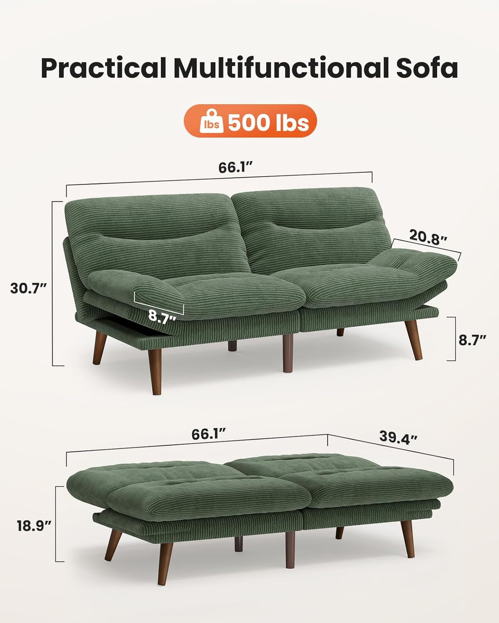 66″Futon Sofa Bed,3-in-1 Futon Couch w/Adjustable Backrest & Armrests, Convertible Sleeper Sofa Bed, Small Folding Sleeper Recliner w/Removable Cushion for Apartment, Living Room,Office (66in,Green)