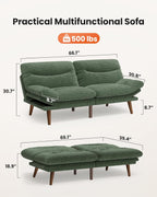 66″Futon Sofa Bed,3-in-1 Futon Couch w/Adjustable Backrest & Armrests, Convertible Sleeper Sofa Bed, Small Folding Sleeper Recliner w/Removable Cushion for Apartment, Living Room,Office (66in,Green)