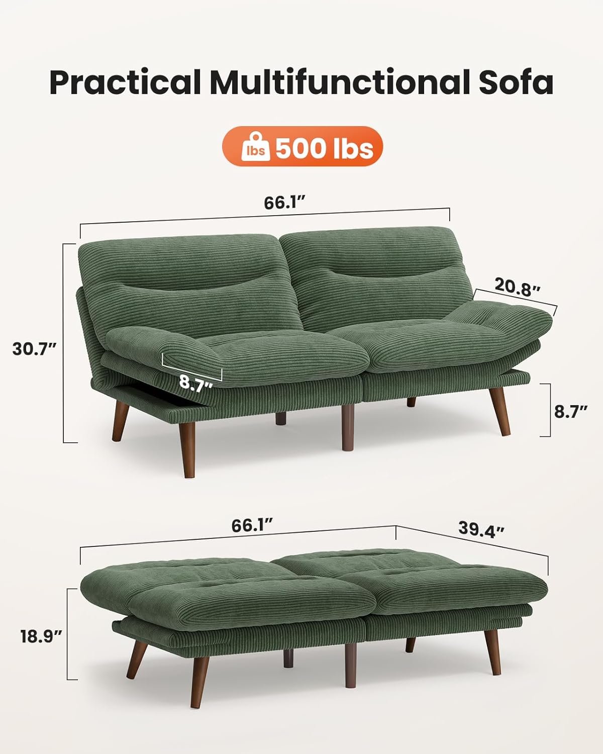 66″Futon Sofa Bed,3-in-1 Futon Couch w/Adjustable Backrest & Armrests, Convertible Sleeper Sofa Bed, Small Folding Sleeper Recliner w/Removable Cushion for Apartment, Living Room,Office (66in,Green)