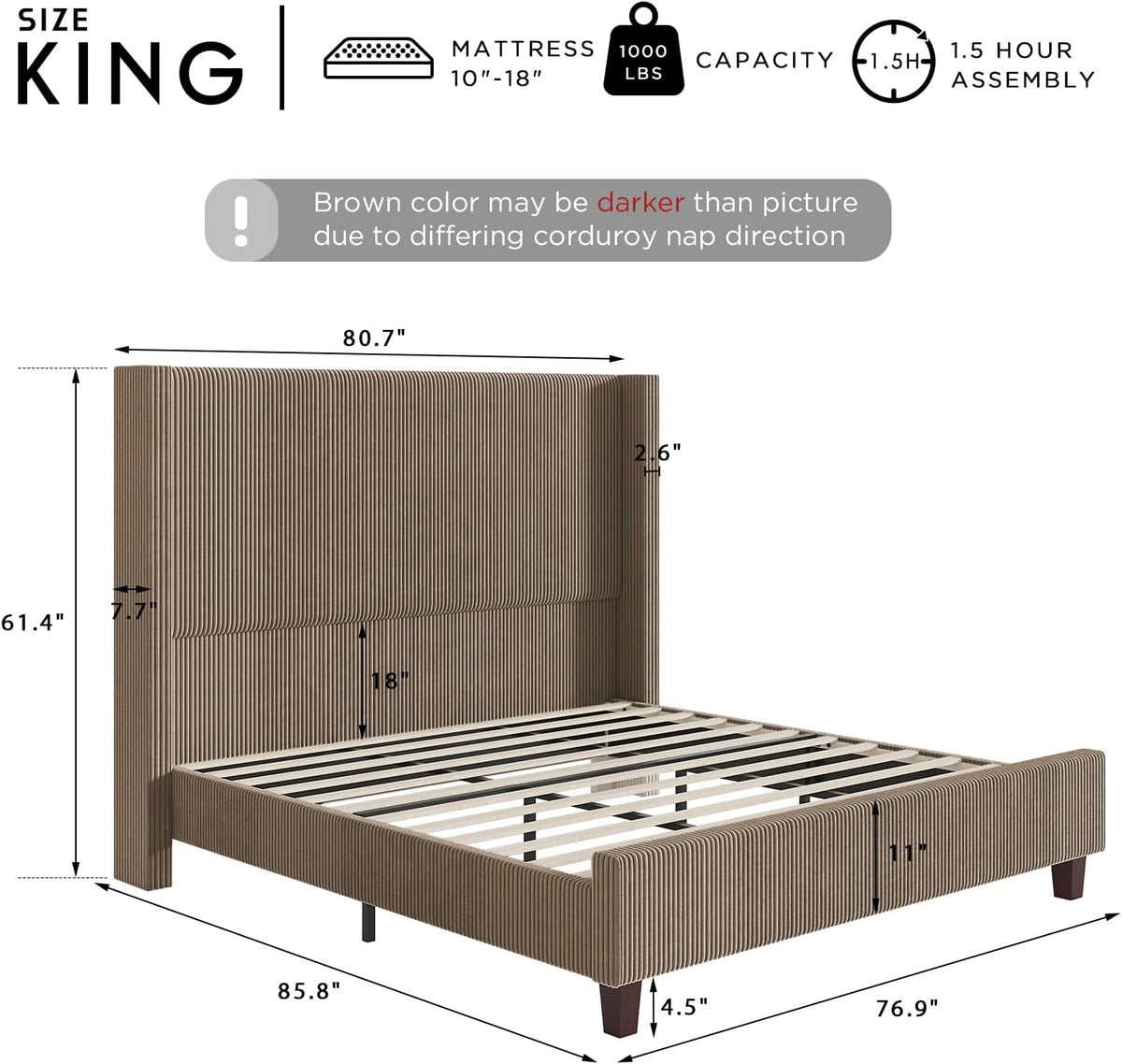 HOWE Upholstered King Size Bed Frame with 61" Wingback Headboard, Chestnut
