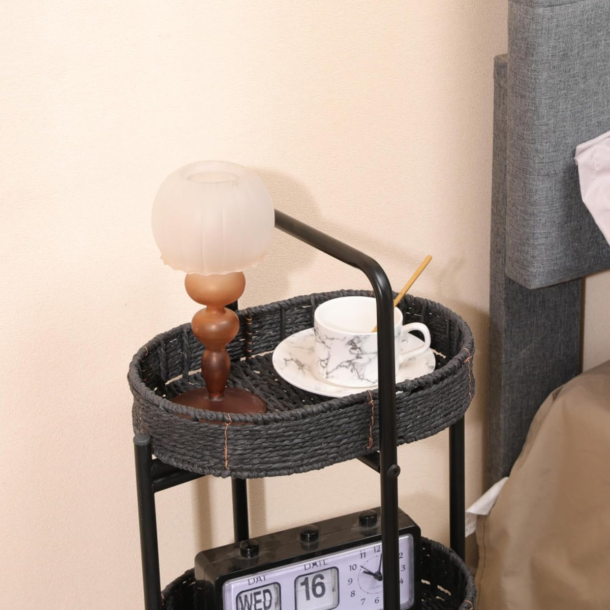 3 Tier Handwoven Oval Side Table Storage Basket with Detachable Trays | Woven Paper Rope Organizer for Living Room Bedroom Kitchen | Sturdy Metal Frame Tiered Shelf for Home Decor (Black)