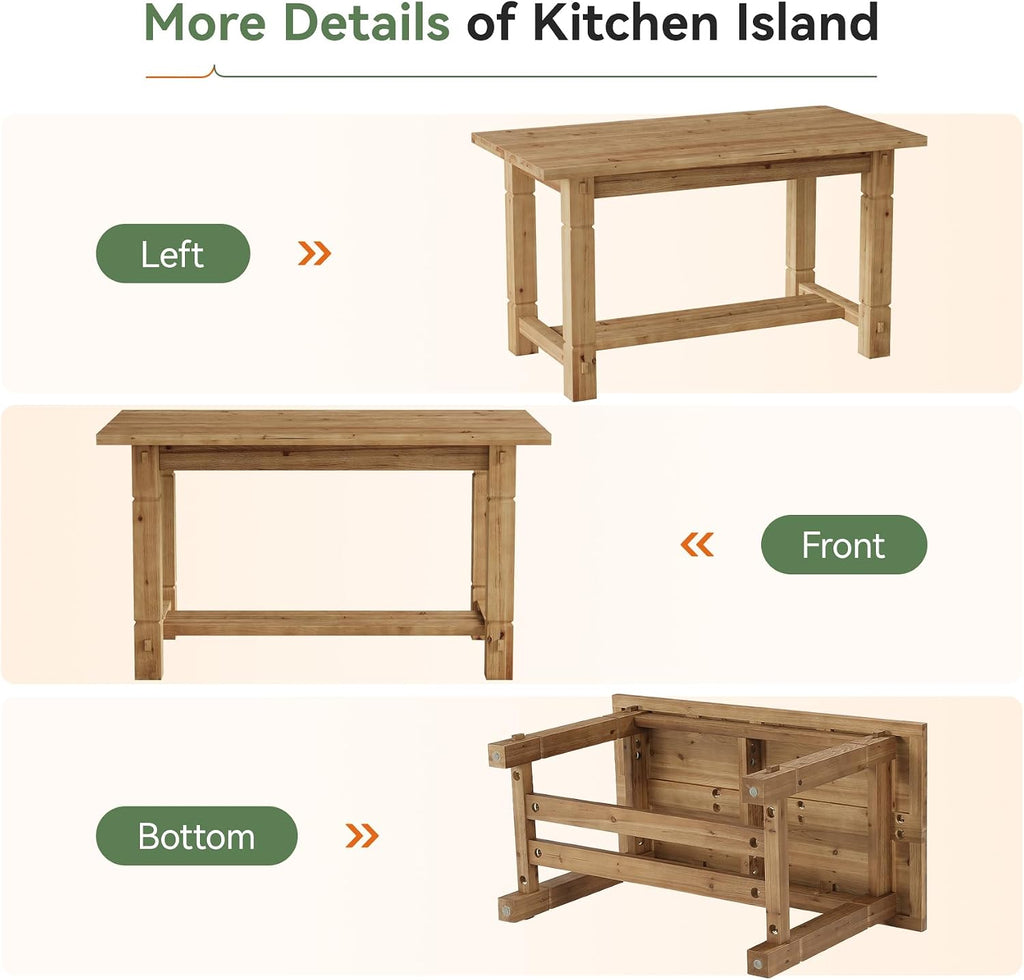 59.05" Solid Wood Home Kitchen Island with Spacious Tabletop | Counter Height Table, Sturdy Frame, Easy to Assemble, Farmhouse Style, Stationary Island for Home, Dining Room, Rustic Brown