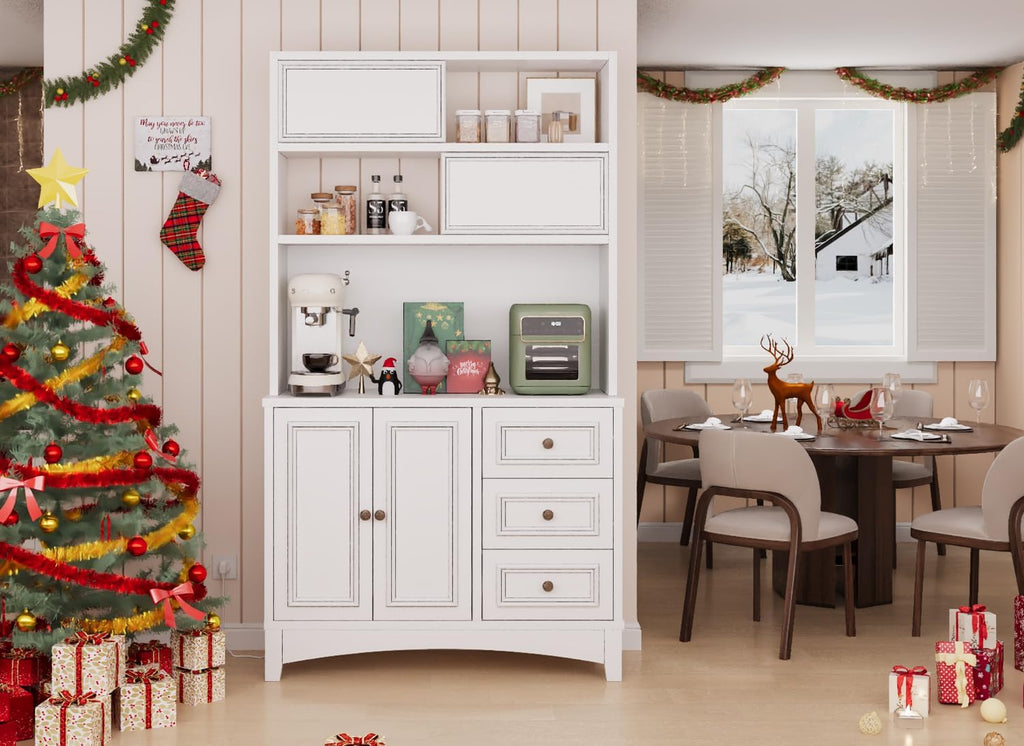 BLANKSPACE 71" Tall Kitchen Pantry Cabinet with Microwave Shelf Built-in Charging Station, Sliding Door Cabinet with Drawer Storage Organizer/Adjustable Shelves for Dining Room, Living Room