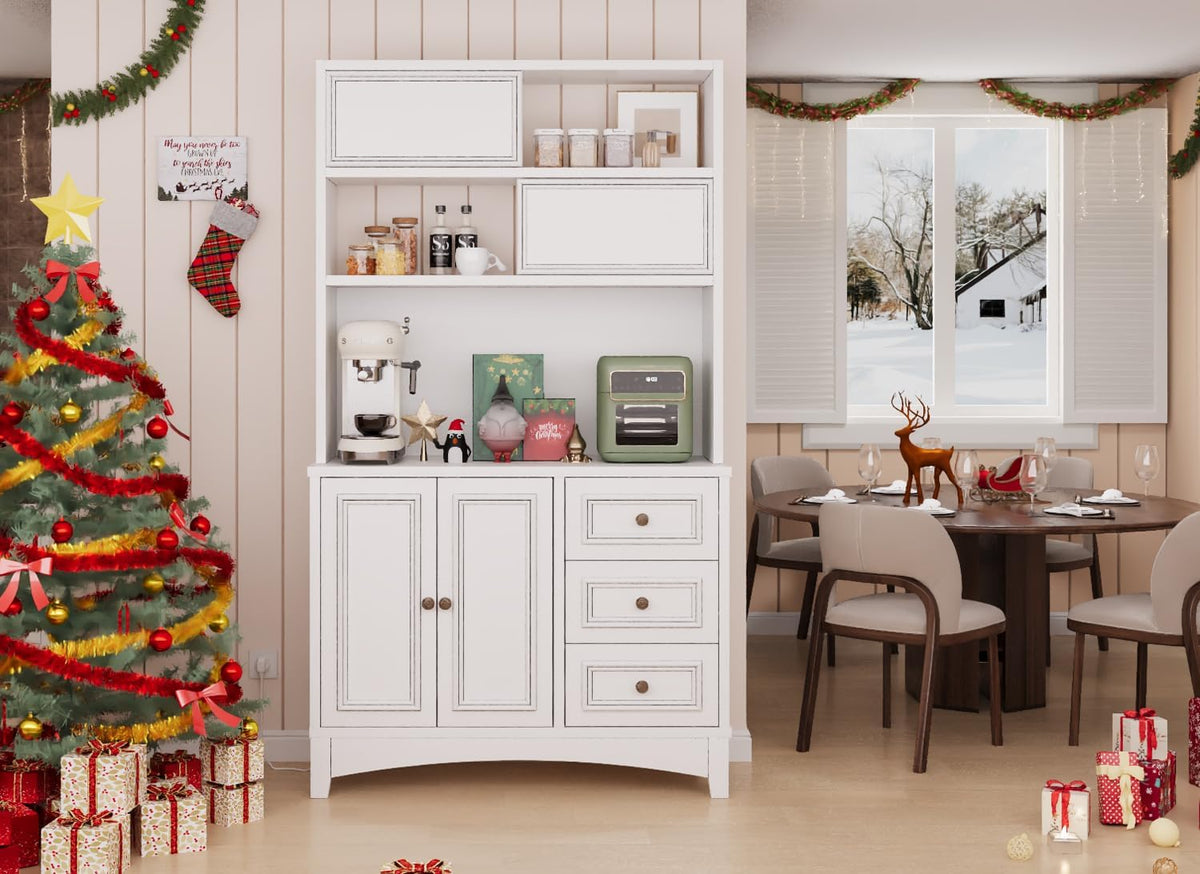 BLANKSPACE 71" Tall Kitchen Pantry Cabinet with Microwave Shelf Built-in Charging Station, Sliding Door Cabinet with Drawer Storage Organizer/Adjustable Shelves for Dining Room, Living Room