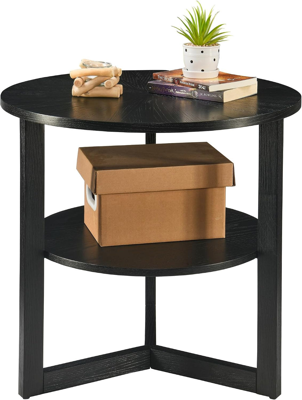 Round End Table, Farmhouse Side Table with Solid Wood Criss-Cross Legs for Small Space, Circle Beside Table with 2 Storage Shelves , SofaTable for Living Room, Bedroom, Nightstand, Black CJZ