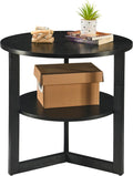 Round End Table, Farmhouse Side Table with Solid Wood Criss-Cross Legs for Small Space, Circle Beside Table with 2 Storage Shelves , SofaTable for Living Room, Bedroom, Nightstand, Black CJZ