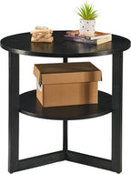Round End Table, Farmhouse Side Table with Solid Wood Criss-Cross Legs for Small Space, Circle Beside Table with 2 Storage Shelves , SofaTable for Living Room, Bedroom, Nightstand, Black CJZ