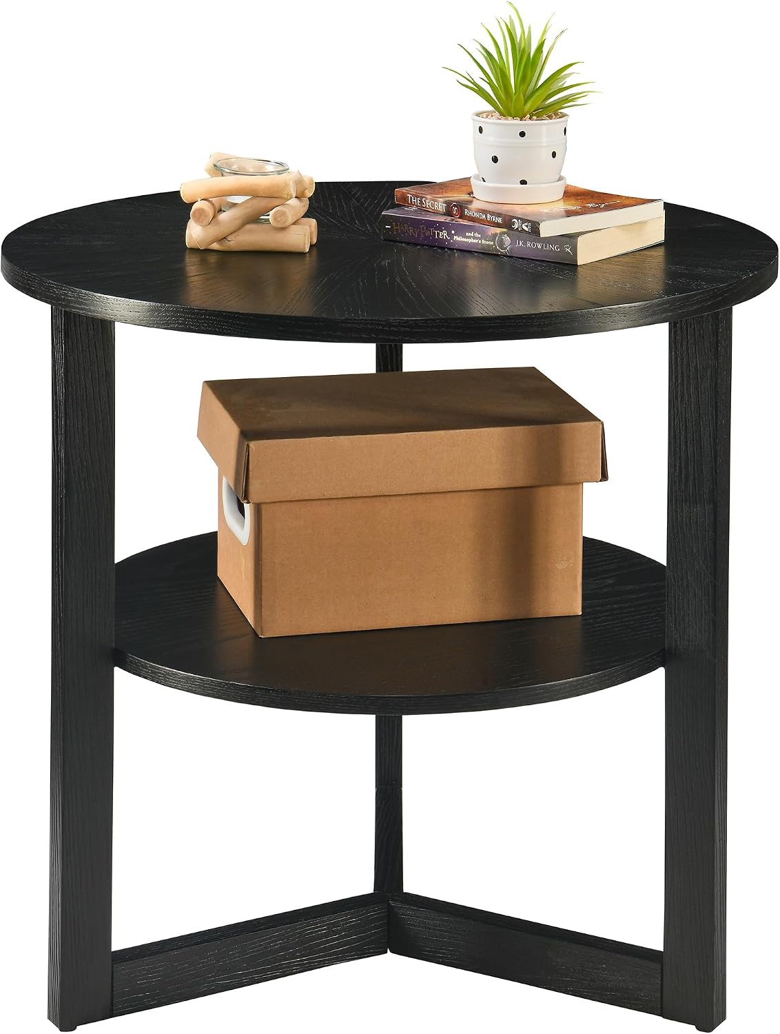 Round End Table, Farmhouse Side Table with Solid Wood Criss-Cross Legs for Small Space, Circle Beside Table with 2 Storage Shelves , SofaTable for Living Room, Bedroom, Nightstand, Black CJZ