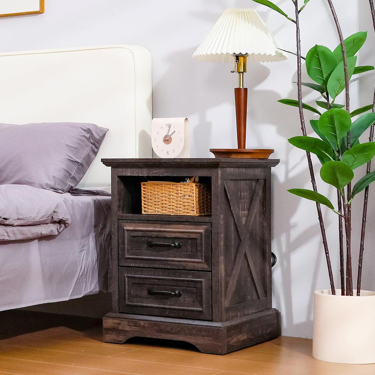 ALBAD Farmhouse Nightstand with Charging Station Rustic Bedside Table with 2 Drawers and Cubby Storage End Table with Metal Handle for Bedroom Office, Walut Brown