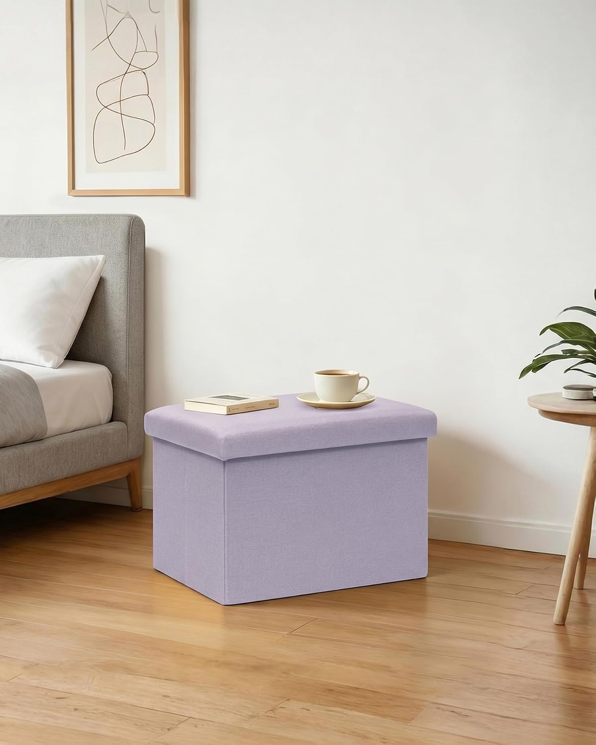 PINPLUS Flat Top Folding Linen Storage Ottoman 16.5", 36L Collapsible Storage Cube with Lid, 250 lbs Load Capacity, Fabric Foot Rest Seat for Living Room, Bedroom, Closet,Light Purple