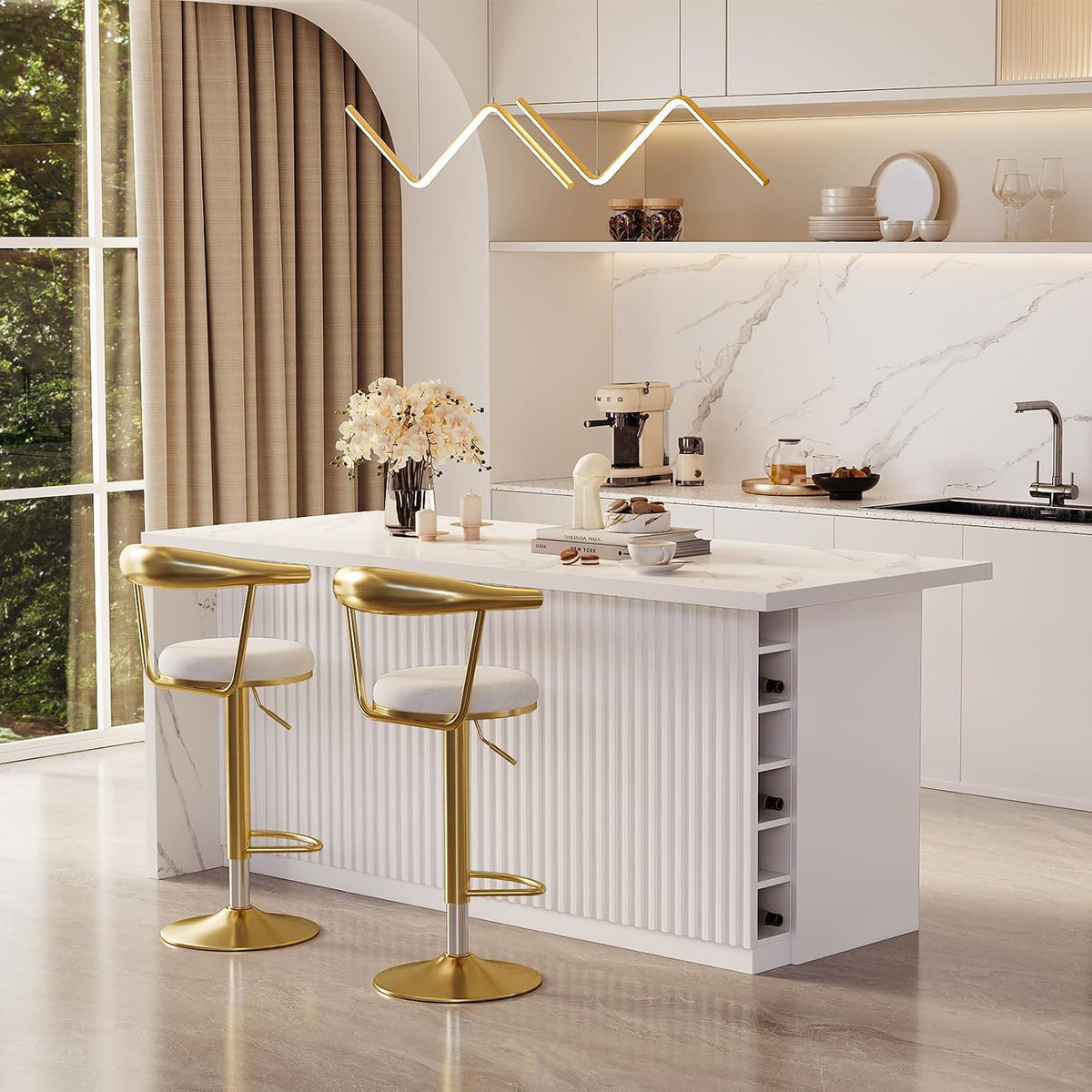 homary Kitchen Island with Storage & Wine Rack, 72" Modern White Kitchen Cabinet with Wood Top, Large Fixed Island with 3 Drawers & 6 Adjustable Shelves, Without Bar Stools