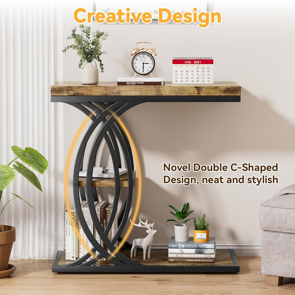 C Shaped End Table, Bed Side Table, 3-Tier Side Table with Metal Frame, Wood End Table with Storage for Living Room, Couch, Sofa, Bedroom, Easy Assembly, 23.6" D*11.8" W*23.6" H, Rustic Brown